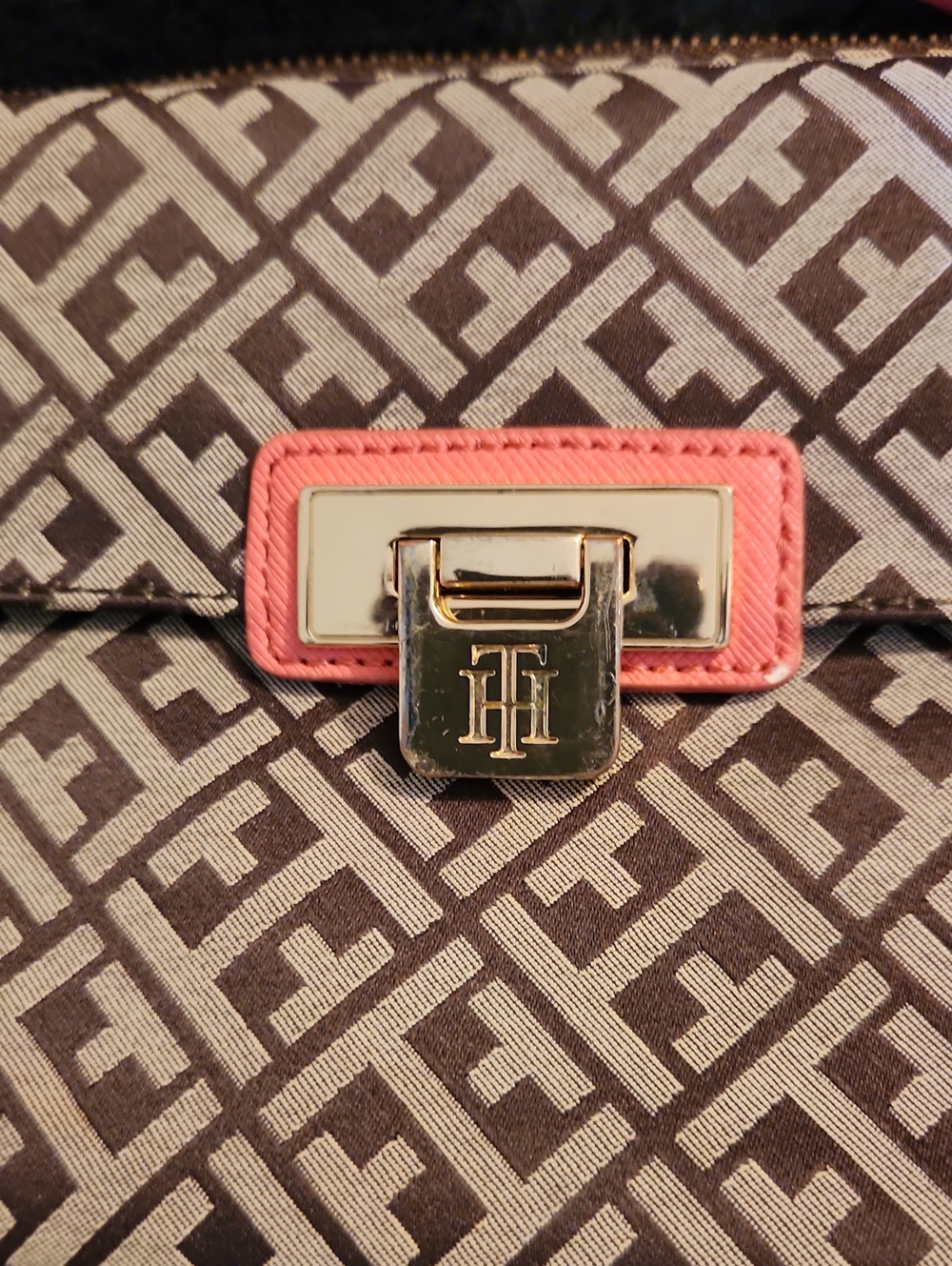 Tommy Hilfiger Brown Monogram Shoulder Bag with Pink Trim